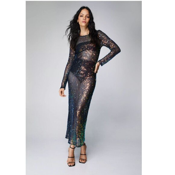NWT! Nasty Gal Sequin Sheer Long Sleeve Maxi Dress - Picture 1 of 4